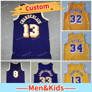 Custom Retro Shaq 34 Basketball Jersey James Johnson Wilt Chamberlain Rodman West O Neal Basketball Jerseys Stitched Purple Yellow Throwback Mens Kids Youth