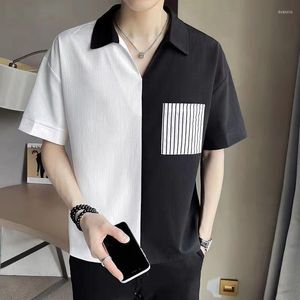 Men's Polos Black And White Patchwork Summer Men's Short-sleeved T-shirt POLO Neck Loose Casual Commuter Korean Fashion Brand Pocket Top