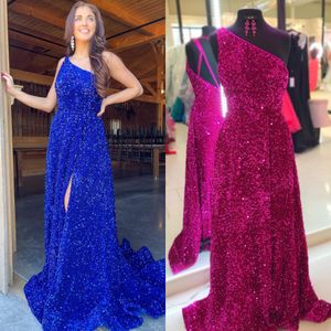 One-Shulder Prom Dress 2K23 High Slit Shimmer Sparkling Velvet Sequin A-Line Lady Preteen Girl Pageant Gown Formell Evening Party Wedding Guest Red Capet Runway Hoco