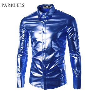 Мужские повседневные рубашки с голубым покрытием металлической рубашки мужчины бренд -клуб ночная одежда для мужчин платье рубашки на пуговицах рубашки с длинным рукавом блестящая эластичная химиза Homme 230225