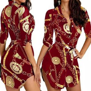 Plus Size 3xl 4xl Casual Dresses Women Lace Up Dress Button Down Chain Printed Lapel Neck Party Dress Sexy Bandage Skirt