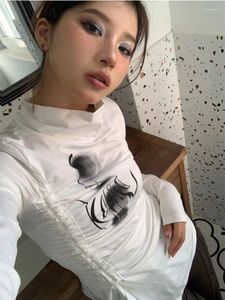 Kvinnors T-skjortor Hikigawa Chic Fashion Woman Streetwear Drawstring Mock Neck Long Sleeve Print T-shirts Casual Bottoming Y2K Top Women