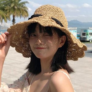 HBP手作りの帽子幅のかぎ針編みの女性夏の日焼け止めビーチ韓国語韓国語バージョンワイルド織り蝶ネクタイホリデーストローレースブリムサンハットP230327