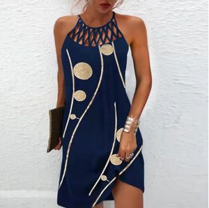 2024Europe the United States Spring and Summer New National Wind Flower Net with Sleeveless Casual Women Blue Vintage Print Dress