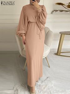 Ethnische Kleidung Elegantes muslimisches Kleid für Frauen Frühlingsmode mit Gürtel Maxi Dubai Abaya ZANZEA Party Solide Langarm Türkei Hijab OL Kaftan 230224
