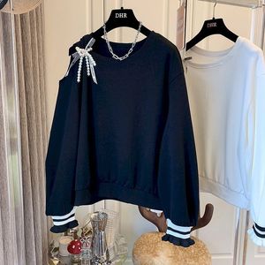 Womens Hoodies Sweatshirts Pullovers Bow Pearl Ribbon OfftheShoulder Pullover Top Korean Style Loose Stitching Striped Wood Ear Cuffs 230224