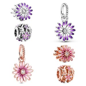 Der neue beliebte 925 Sterling Silber klassische lila rosa rosa Gänseblümchen-Blumen-Hänge-Charm-Perlen-DIY-Geschenkschmuck eignet sich für primitive Pandora-Armbänder für Frauen