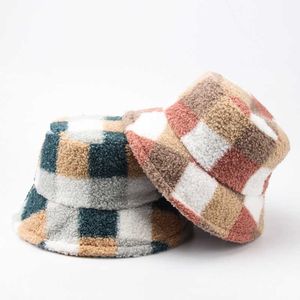 Wide Brim Hats CNTANG 2022 Women Autumn Winter Bucket Hat Plaid Warm Plush Fashion Panama Hats For Ladies Vintage Teddy Velvet Fisherman Caps G230224