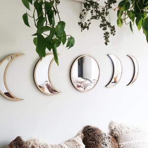 Mirrors 5 Pcs Scandinavian Natural Decor Acrylic Wall Decorative Mirror Interior Design Wooden Moon Phase Bohemian