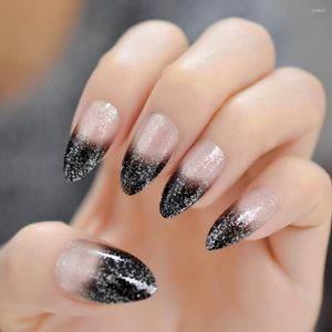 Künstliche Nägel, Farbverlauf, transparent, schwarz, zum Aufdrücken von French-Nägeln, Stiletto, leicht zu tragen, glitzernd, silberfarben, glitzernd, oval, scharf, DIY-Design