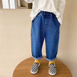 Jeans Korean Style Boys Washed Cotton Jeans 1 7T Solid Color Fashion All Match Straight Denim Pants 230224