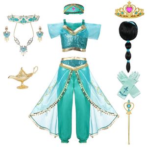 Kid Aladdin en de prinsesstop van de Magic Lamp en de broek kledingset met hoofdbandmeisjes Jasmine verjaardagsfeestje verkleed COSP298N