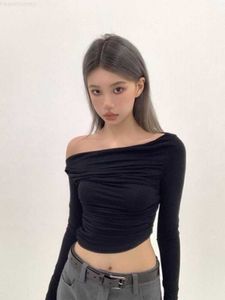 Uit schouder lange mouw strakke t-shirt vrouwen Koreaanse mode solide y2k esthetische grafische t shirts goth slash nek slanke fit t-shirt 0225