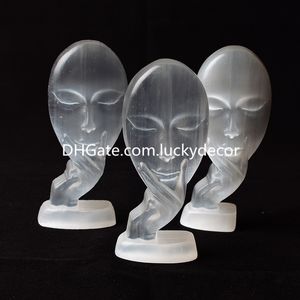 Selenite Quartz Crystal Face Mask of Man Art Sculpture Handmade Modern Natural Satin Spar Gemstone Human Bust Statue Ornament for Office Bedroom Living Room Decor