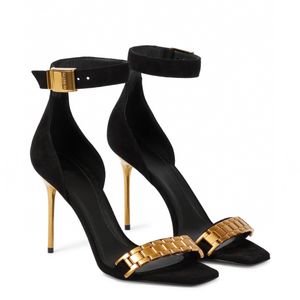 Mode Sandalen neueste Gold-Ton-Metallband verziert Hardware-Zubehör Karree-Absätze 10 cm hochhackige Damenschuhe 35-42 mit Box-Sandale