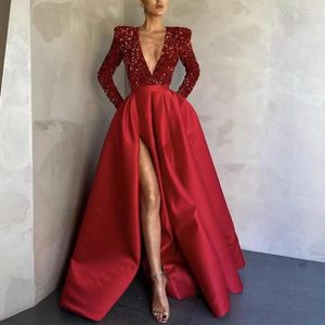 Casual Dresses Elegant Deep V-Neck Slit Super Long Party Dress Women Fashion Sleeve Shiny Sequins Ladies Sexy Slim Big Hem