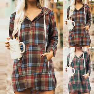 Casual Dresses Women's Hooded Pocket Lång ärm tryckt Grid Dating Party Dress Pockets Fall Womens Tops Moderskapsöverskott