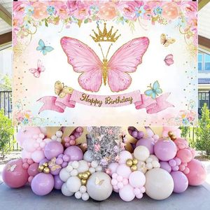 Party Decoration Pink Butterfly Birthday Backdrops Wedding Decorations Po Booth Background Baby Shower Girl Hanging Flag Backdrop PropsParty