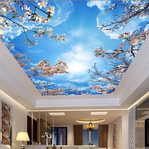 Wallpapers Benutzerdefinierte Wandtapete 3D Blauer Himmel Weiße Wolken Kirschblütendecke Zenith Wohnzimmer Esszimmer Selbstklebendes Fresko