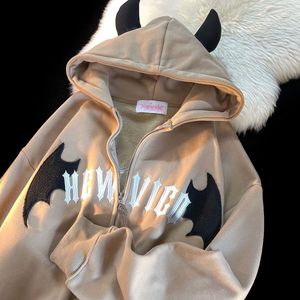 Womens hoodies American Retro Little Devil Brodered Zipper Hoodie Women Y2k Street Fashion Trend Joker Sweatshirt Par Casual Loose Hoodie 230224