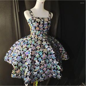 Stage Wear Silver Laser Seques Cinglies Dress Women Donner Performance Stars Sexy Stars Birthday Birthing Prom Brum Short