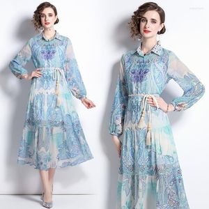 Casual Dresses Women Fashion Autumn Sky Blue Color Mid Length Vestidos Feminino Bandage Tunic Bodycon Sweet Chiffon Floral Vacation