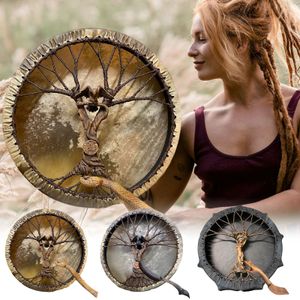 Decorative Objects Figurines Handmade Wooden Shaman Drum Tree of Life Siberian with stick Sound Healing Adult Meditation Home Decoration Craft Gift 230224