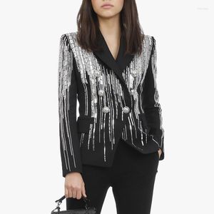 Women's Suits EXCELLENT QUALITY 2023 Fashion Designer Blazer Jacket Women's Double Breasted Luxurious Stunning Metal Beaded