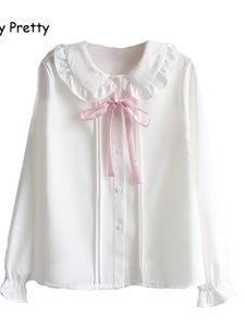 Bluzki damskie koszule wesoły ładny w stylu lolita Kobiet biała koszula długi rękaw Peter Pan kołnierz Pink Bowknot szyfonowa koszula JK School Mundlid Top 230225