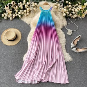 Halter Summer Long Dress Hit Color Patch Rainbow Gradient Holiday Bohemian Vestidos High Waist Hip Draped Robe Summer 2023