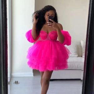 Casual Dresses Pink Tulle Mini Dress Sexy Club Wear Off The Shoulder Short Summer For Women Puffy Cocktail Gowns