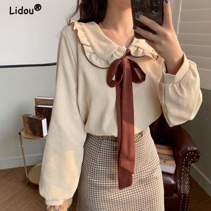 Blouses femininas camisas de verão outono doce elegan peter pan colarinho de manga longa babados de peito de trespassado temperamento blusas chiques para mulheres 230225