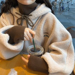 Women's Hoodies Sweatshirts Autumn And Winter Clothing Lamb Jacket Girls Junior High School Students Korean Version Loose Plus Velvet Thick Coat 230224