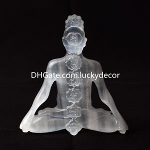 Natural White Selenite Yoga Men Statue Decor Hand Carved 7 Chakra Symbol Satin Spar Gemstone Sitting God Model Healing Quartz Crystal Meditation Male Sculpture