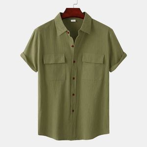 Camicie casual da uomo Camicia di lino in cotone verde militare per uomo 2022 Estate Marca Doppia tasca Manica corta Camicie casual Uomo Traspirante Beach Chemise Z0224