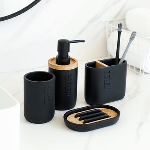 Set di accessori per il bagno Accessori per il bagno Dispenser di lozione per sapone Portaspazzolino Portasapone Bicchiere Pompa Bottiglia Tazza Legno Nero o bianco 230224