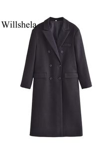 Women s Jackets Willshela Women Fashion Black Wool Blended Overcoat Vintage Lapel Neck Double Breasted Long Sleeves Female Chic Lady Coat 230225