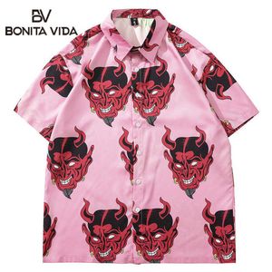 Men's Casual Shirts Oversize Hawaiian Short Sleeve Shirt Y2K Men Summer Vintage Casual Devil Anime Print Graphic CoupleButton Grunge Beach Shirts Z0224