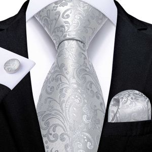 Neck Ties DiBanGu Men Tie White Silver Paisley Design Silk Wedding Tie For Men Hanky Cufflink Tie Set Fashion Bussiness Party Dropshipping