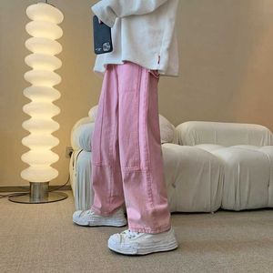 メンズジーンズブランド服ピンクジーンズメンズハイストリートルーズストレートワイドレッグパンツファッションメンヒップホップストリートウェアパンタロンホムカジュアルZ0225