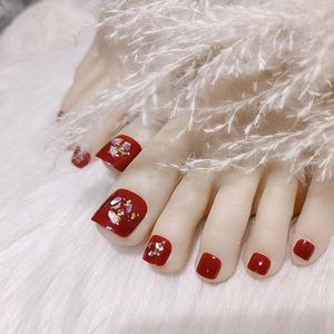False Nails 24pcs/box Fake Glitter Toenails Press On Red Seashells Acrylic Nail Tips Sparkling Wearable French Style Art