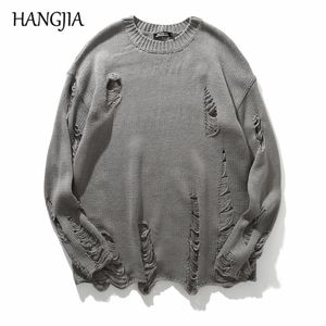 Men's T-Shirts Wash Hole Ripped Knit Unisex Sweaters Men Streetwear Hip Hop Pullovers Jumper Fashion Oversized All-match Women Winter Clothes 230225