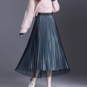Skirts Korean Fashion Pleated Elegant Woman Mesh Skirt High Waist Midi Faldas Mujer Moda Sequin Long OL