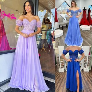Chiffon Prom Dress 2k23 Detachable Balloon Puff Sleeves Lace Corset Top A-line Slit Pageant Gowns Winter Formal Event Party Runway Red Carpet Periwinkle Lilac Royal