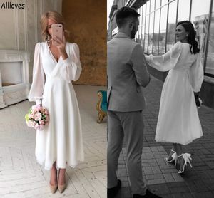 Elegant Chiffon Short A Line Wedding Dresses For Women Sexy V Neck Summer Beach Bridal Gowns With Long Sleeves Tea Length Simple Second Reception Dance Dress CL1917