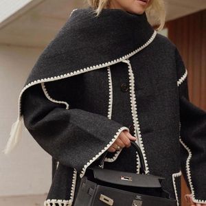 Online Celebrity's Wool's Wool Blends Women One-Breasted Jacket Autumn Winter Black Scali Hafdery White