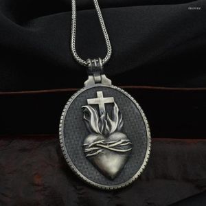 Pendant Necklaces Christian Jesus Sacred Heart Medal Round Cross Necklace Men's Catholic Religious Chain