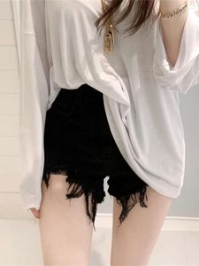 Frauen Shorts 2023 Süße Koreanische Hohe Taille Dünne Zeichnung Loch Quaste Einfarbig Denim Trend Frauen Sexy Schwarz N9O3