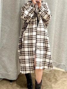 Women s Jackets Autumn and Winter Lapel Color blocked Plaid Pocket Woolen Trench Wool Blend Coat 230225