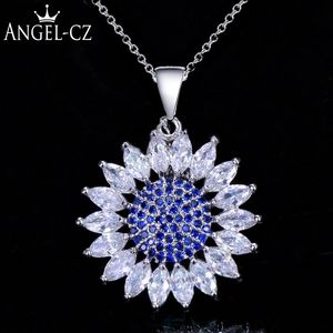 Chains Elegant Sunflower Pendant Chain Necklaces For Women Royal Blue Cubic Zirconia Stone Korean Fashion Silvery Jewelry AN009